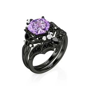 Jeulia <b>Gold</b> Plated Moissanite Fashion <b>Ring</b> <b>Set</b>-Gothic Black Celtic Twist with Purple Hexagon Cut Claw Inlay - Product Image 2