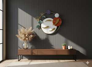 ศิลปะแขวนผนังโลหะสุดหรูทรงกลมตกแต่งด้วยใบไม้และลวดลายเรขาคณิตเหมาะสำหรับห้องนั่งเล่นบ้านและภายในสำนักงาน - Product Image 3