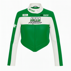 Chaqueta de Cuero PU Iota Phi Lambda Lista para Enviar, Chaqueta de Carreras de Alta Calidad, Corte Ajustado y Silueta Recortada - Product Image 1