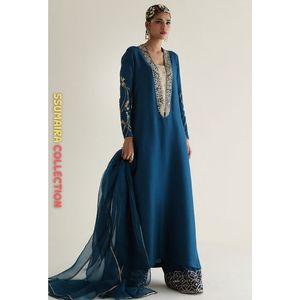 Tendances 2025 : Ensemble chemise longue droite en organza bleu sarcelle avec dupatta, style formel, broderies de cristaux et pierres Tiki, séchage rapide - Product Image 2