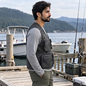 Men Fishing <b>Vest</b> Made With Breathable Woven Material <b>Utility</b> Pocket Design Lightweight Construction Secure Front Zipper - Product Image 4