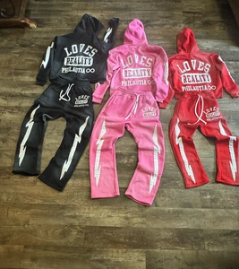 Conjunto de Sudadera con capucha Vintage lavado ácido de alta calidad para mujer, pantalones de chándal acampanados con cremallera bordada personalizada, Invierno transpirable - Product Image 6