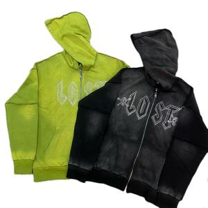 Sweat à capuche zippé pour homme en coton 100% délavé à l'acide, en molleton bouclette, avec strass, style vintage, couleur unie, col à capuche, haute qualité - Product Image 1