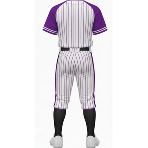 Ensemble uniforme de baseball professionnel violet à manches raglan, corps blanc avec rayures violettes et pantalon assorti - Product Image 3