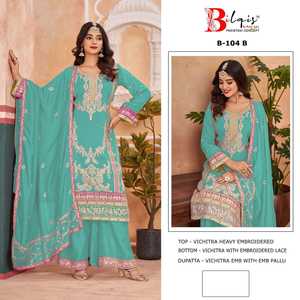 Dernière collection de robe indienne de qualité exportée Vichitra Salwar Suit & Dupatta avec broderie lourde Travail Femme Mode - Product Image 2