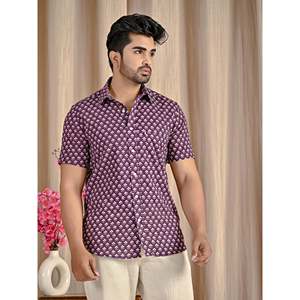 Chemise à manches courtes en coton 100% imprimé floral violet, tissu popeline respirant, robe décontractée, offre ODM - Product Image 5