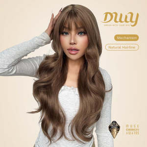 Sunday-DWY Light Caramel Blonde Wavy Synthetic <b>Wig</b> with Bangs US Only-Light Brown Lace - Product Image 2