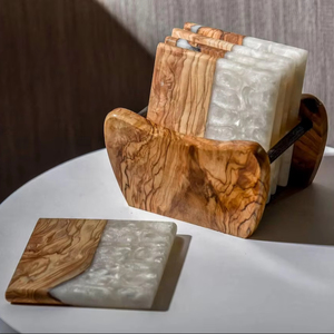 Antique Style Wooden and Stone Coaster Set Classic Design for Traditional and Contemporary Dining Home Decor - Product Image 1