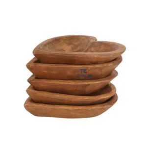 Wholesale Vintage Heart Shape Handcrafted Wooden Bowl For Home Decor Wood Cow Dough Bowl Candle