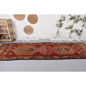 Herki Turkish Rug, 2.8x10 ft Vintage Rug, <b>Red</b> Striped <b>Wool</b> Rug - Product Image 3