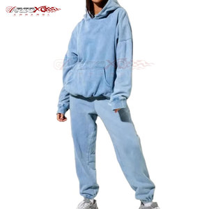 Ensemble de survêtement pour femme en coton délavé, deux pièces, hiver, sweat à capuche et pantalon de jogging taille haute, élégant et respirant - Product Image 1