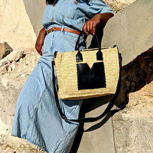 Lady Fashion Bohemian Style Genuine Leather Tote <b>Bag</b> with Black Leather Detail Zipper Closure Cotton Lining MG for <b>Summer</b> - Product Image 2