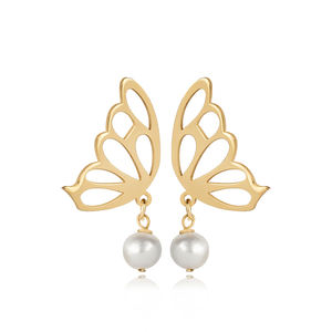 Boucles d'oreilles à clous rondes élégantes en perles simples, design papillon, plaquées or, anniversaire, fabrication turque, bijoux en argent sterling 925 - Product Image 1