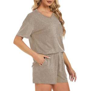 Ensemble deux pièces en tricot 100 % coton pour femme, haut à manches courtes et short, col montant, coupe ajustée, couleur unie, haute qualité, respirant - Product Image 2