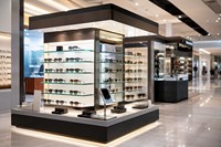 Moderner Brillen-Präsentationsstand mit LED-beleuchteter Glasvitrine und individuellem Logo für Optikgeschäfte