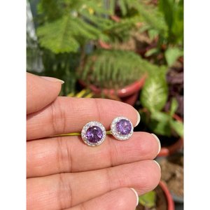 925 Silver Round <b>Amethyst</b> <b>Stud</b> <b>Earrings</b> with Bezel Setting Romantic Trendy Geometric Design for Wedding Engagement or Party - Product Image 3