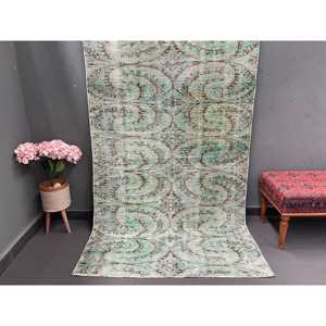 พรมตุรกีวินเทจ ขนาด 4.2x7.9 ฟุต (129x242 ซม.) สีเขียวลายนามธรรม - Product Image 1