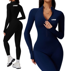Combinaison de yoga sans couture respirante en polaire personnalisée, une pièce, pour femmes, tenue de sport serrée et chaude, combinaison de course à pied, fermeture éclair, barboteuse - Product Image 1