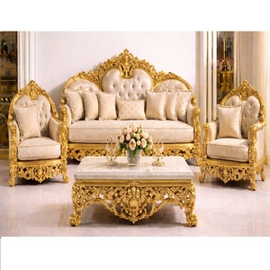 Juego de Muebles de Sala de Estar Estilo Imperial Griego con Acabado Dorado, Sofá Cuadrado Acolchado, Madera, Tamaño Personalizable, Estilo Maharaja - Product Image 1