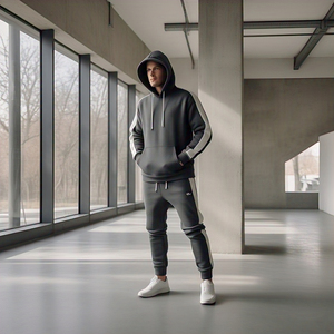 400 GSM มีฮู้ดกางเกงวิ่งจ๊อกกิ้งชุดวอร์ม2ชิ้นมีซิปรูดสำหรับผู้ชาย - Product Image 4