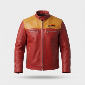 Blouson en cuir d'agneau véritable rouge personnalisé avec empiècements moutarde, style moto pour homme, vêtement d'extérieur, tenue de course moto et automobile OEM - Product Image 1