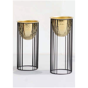 Jardinière ronde en laiton martelé de style nordique avec support en fil noir, pot de plante en métal minimaliste de grande taille pour salon - Product Image 1