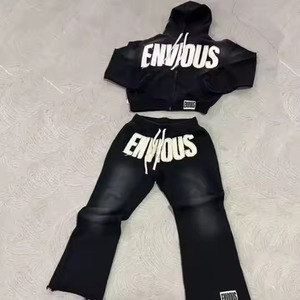 2025 OEM personnalisé hommes en détresse broderie Patch deux pièces survêtement ensemble acide lavage strass à capuche grande taille hiver - Product Image 1