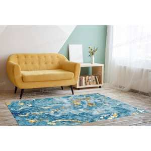 Alfombra Moderna de Lujo con Estampado de Tinta de Alcohol en Mármol Azul y Dorado, Alfombra de Terciopelo de Lujo - Product Image 2