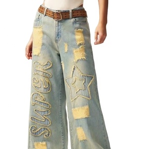Pantalones Vaqueros cintura alta y personalizados de pierna ancha para mujer, pantalones vaqueros acampanados de moda para mujer, dobladillo crudo, remaches decorados transpirables - Product Image 1