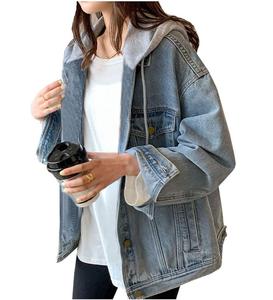 Women Denim <b>Jacket</b> With Hoodie Plain Oversized Elongated Tall Single Singles Outerwear Winter <b>Workout</b> Regular Vintage <b>Jackets</b> - Product Image 1