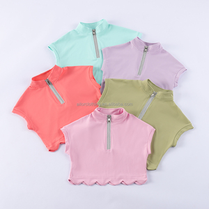 Conjunto de dos piezas elástico para niñas pequeñas, sin mangas, con media cremallera y borde festoneado, de tela para yoga y ropa deportiva, precio de fábrica - Product Image 2