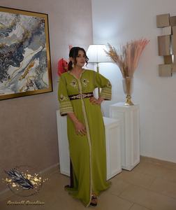 Elegante caftán verde oliva marroquí con bordado a mano, ropa musulmana tradicional y accesorio - Product Image 5