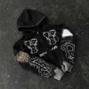 Sweat à capuche pour femme en coton 100% avec lavage à l'acide, fermeture éclair personnalisée, style streetwear délavé, design uni avec strass, logo sur le devant, pour l'hiver - Product Image 2