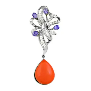 Colgante Artesanal de Plata con Tanzanita y Coral Naranja con Patrón de Cruz, Joyería Religiosa Fina para Mujer con Dije de Perla - Product Image 3