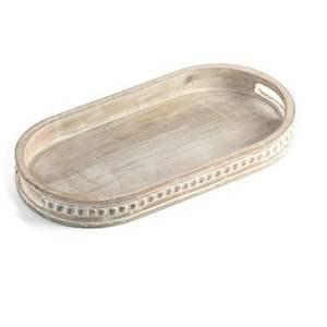 Plateau de designer rond en bois de manguier, finition blanchie antique, avec pieds et poignées, pour la décoration intérieure - Product Image 2