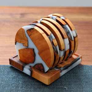 ถาดรองแก้วไม้อะคาเซียทำจากเรซินสีขาวทำด้วยมือถาดรองแก้วเคลือบอีพอกซีสำหรับกันน้ำ - Product Image 1