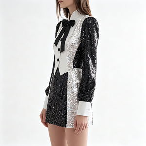 <span class=keywords><strong>Robe</strong></span> mini smoking noire et blanche à sequins pour femme avec col montant et nœud papillon - Product Image 2