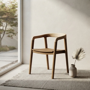 Solid Teak Wood Curved <b>Armchair</b> Slatted Seat Minimalist Natural Finish Outdoor Patio <b>Dining</b> Side Chair Setup Art Decor - Product Image 4