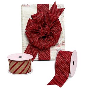 ริบบิ้นผ้าไหมธรรมชาติสีแดงลายกลิตเตอร์เปปเปอร์มินต์สำหรับตกแต่งคริสต์มาส - Product Image 1