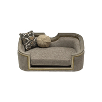Lit pour chien de luxe Luna, petit modèle, en bois d'acajou, revêtement en lin, taille XL, motif géométrique, non amovible, emballé en boîte, polyuréthane souple