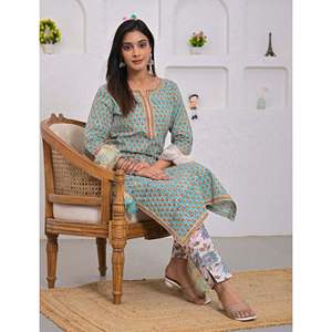 Conjunto de pantalón y kurta de algodón informal de verano, color verde marino, estampado en bloques, para mayor comodidad y estilo. - Product Image 4