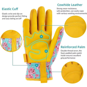 Cowhide <b>Leather</b> Wrist-Length <b>Garden</b> Reinforced Palm Elastic Cuff Floral Print Outdoor Work Touchscreen Four Seasons Quick Dry - Product Image 1