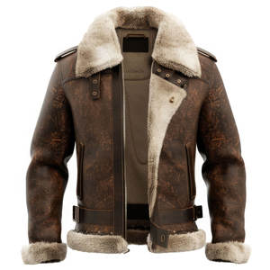 Chaqueta de Piloto de Cuero para Hombre, Estilo Bomber, Forrada con Piel de Oveja Genuina Marrón Desgastada - Product Image 5