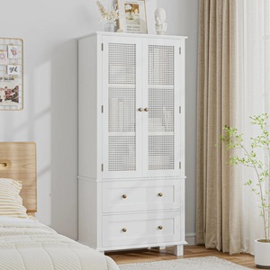 Armoire à deux portes en bois blanc et rotin avec tiroirs Armoire de rangement élégante à finition blanche pour chambre à coucher, salon et couloir - Product Image 1