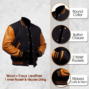 2026 Custom New Men Wool Body Leather Sleeves Embroidered Chenille <b>Patches</b> Varsity CollegeBaseballjacket for men - Product Image 5