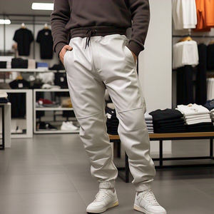 OEM White Leather Pants Men Outdoor Elastic Waist PU Leather Pant Men's Customize Cycling High Waist Cowhide Leather <b>Trouser</b> - Product Image 4