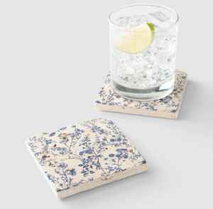 French Toile De Jouy Marble <b>Coaster</b> Set Wildflower <b>Blue</b> White Elegant Home Decor - Product Image 2