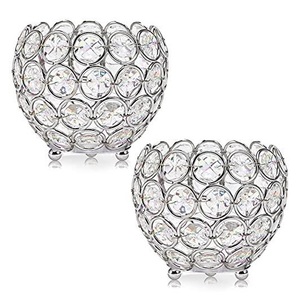 Set of 2 Silver Crystal & Metal <b>Tealight</b> <b>Holders</b> for Tabletop Home & Christmas Lighting Decor Round Candle Votive - Product Image 1