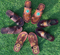 Sandales à bout ouvert en cuir véritable de vachette véritable fait à la main pour femmes style occidental décontracté extérieur tongs plates turquoise