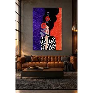 Fida Girl avec des fleurs rouges sur fond violet et orange, impression sur toile - Product Image 1